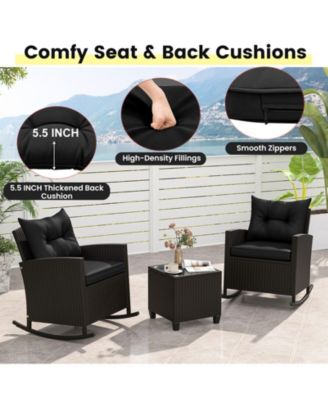 3-Piece Patio Rattan Roker Chairs with Tempered Glass Table and Soft Cushions-Black