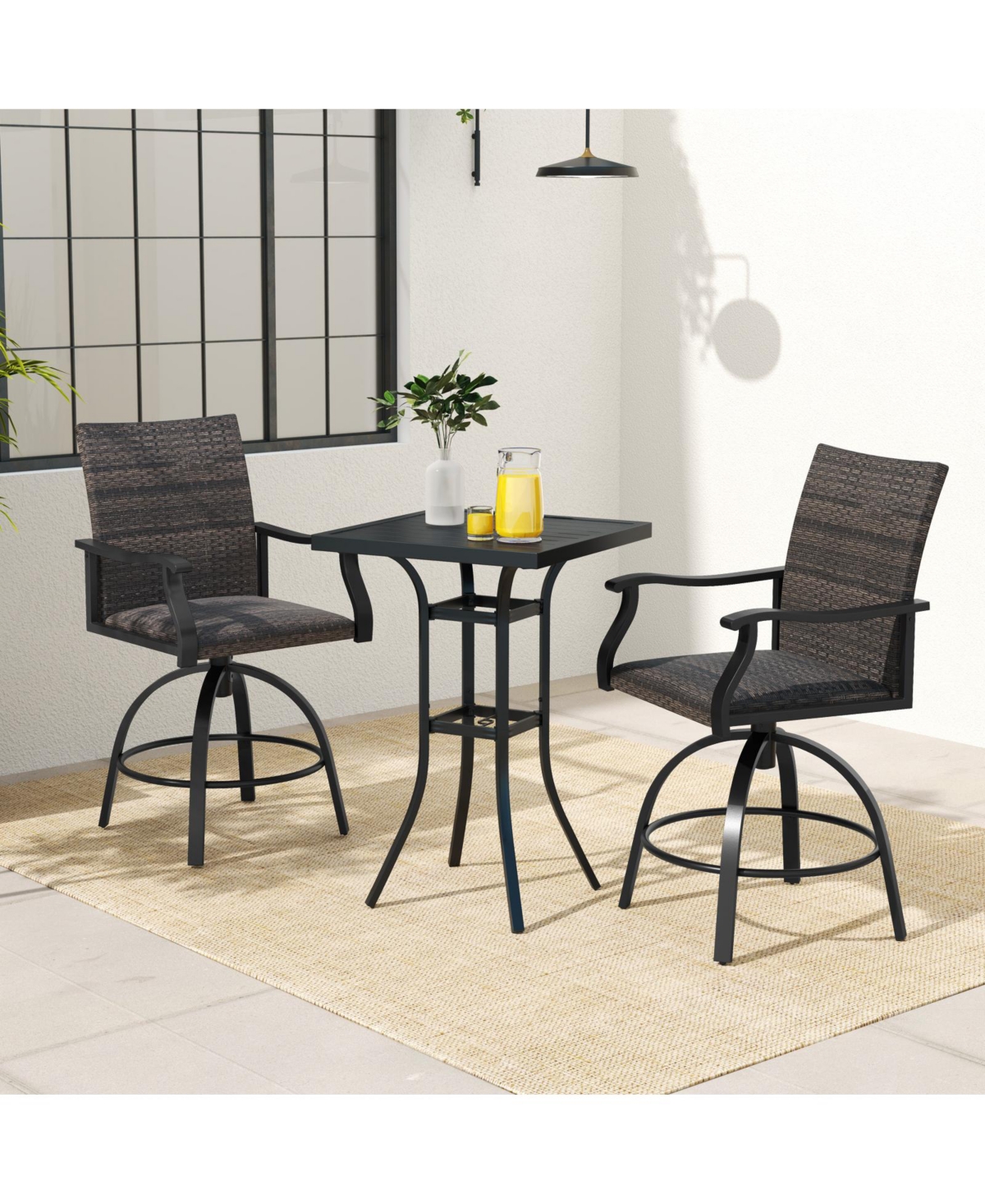 3 Pieces Pe Wicker Patio Swivel Bar Set with Quick-Drying Foam-Black