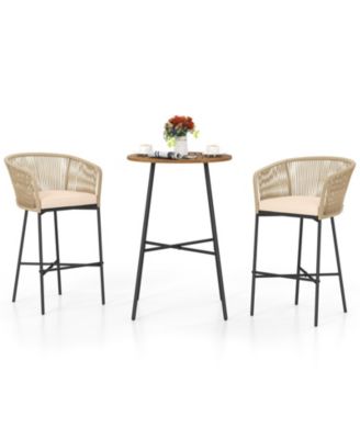 3 Pieces Rope Woven Patio Bar Set with Soft Cushions and Acacia Wood Tabletop