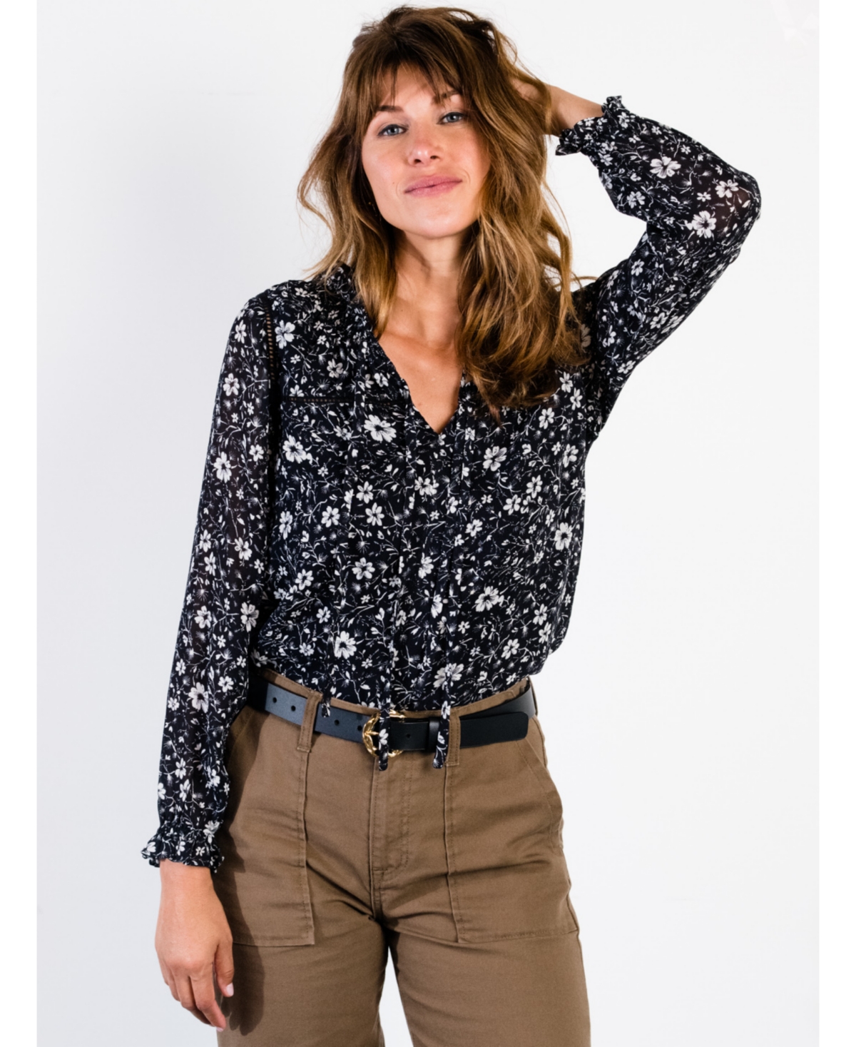 Women's Annette Tie Blouse - Black/white floral
