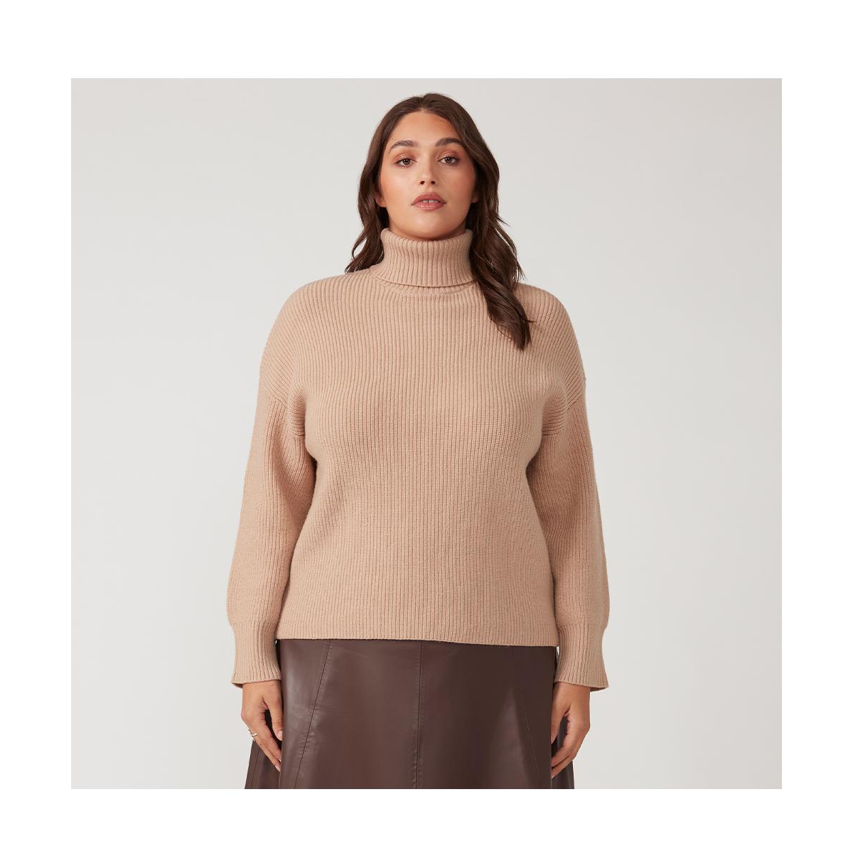 Plus Size Cadence Beige Turtle Neck Sweater Knit - Beige