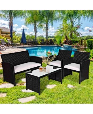 4PCS Rattan Patio Conversation Set Outdoor w/ Coffee Table Cushioned Sofa