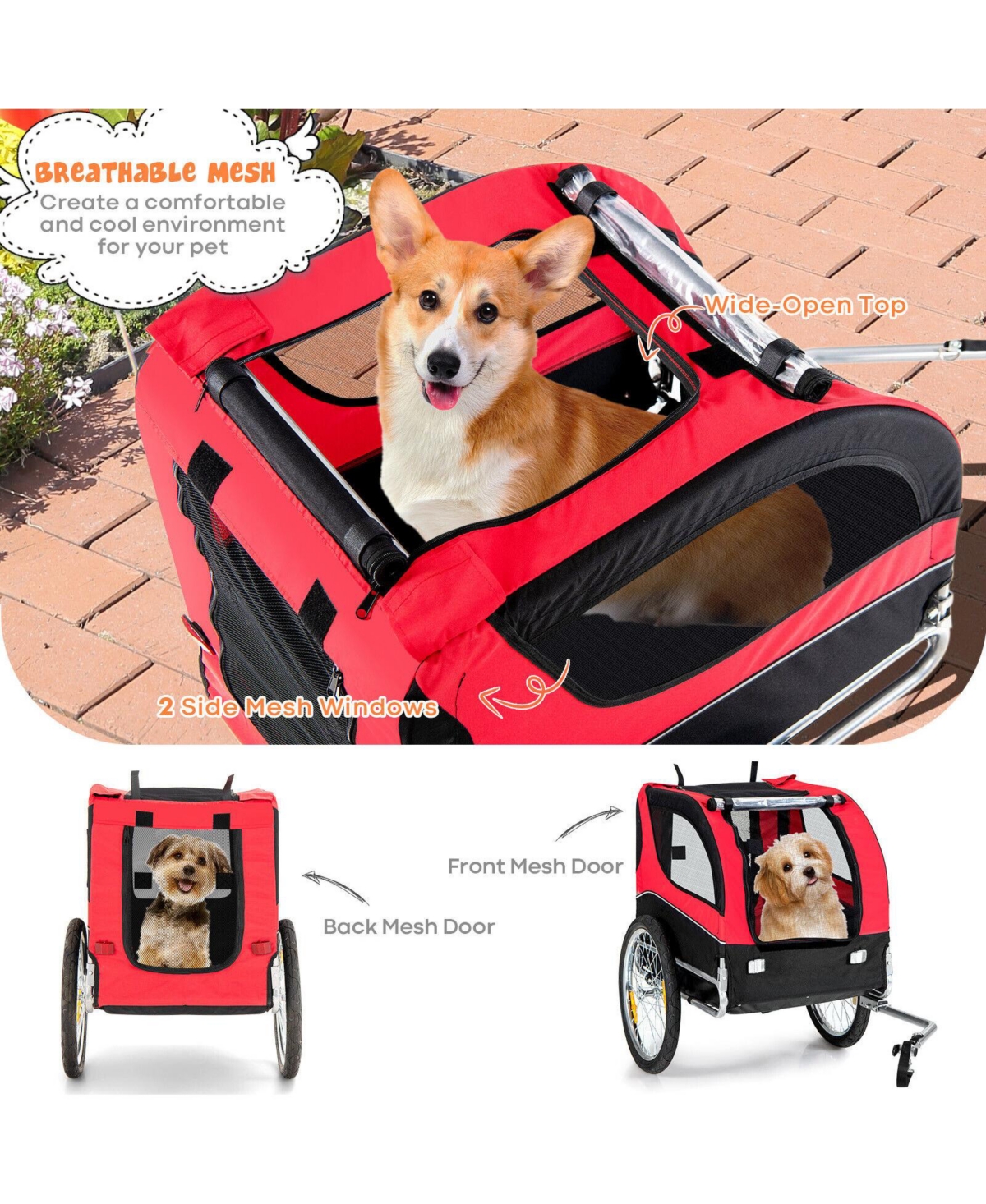 Dog Bike Trailer Foldable Pet Cart with 3 Entrances for Travel