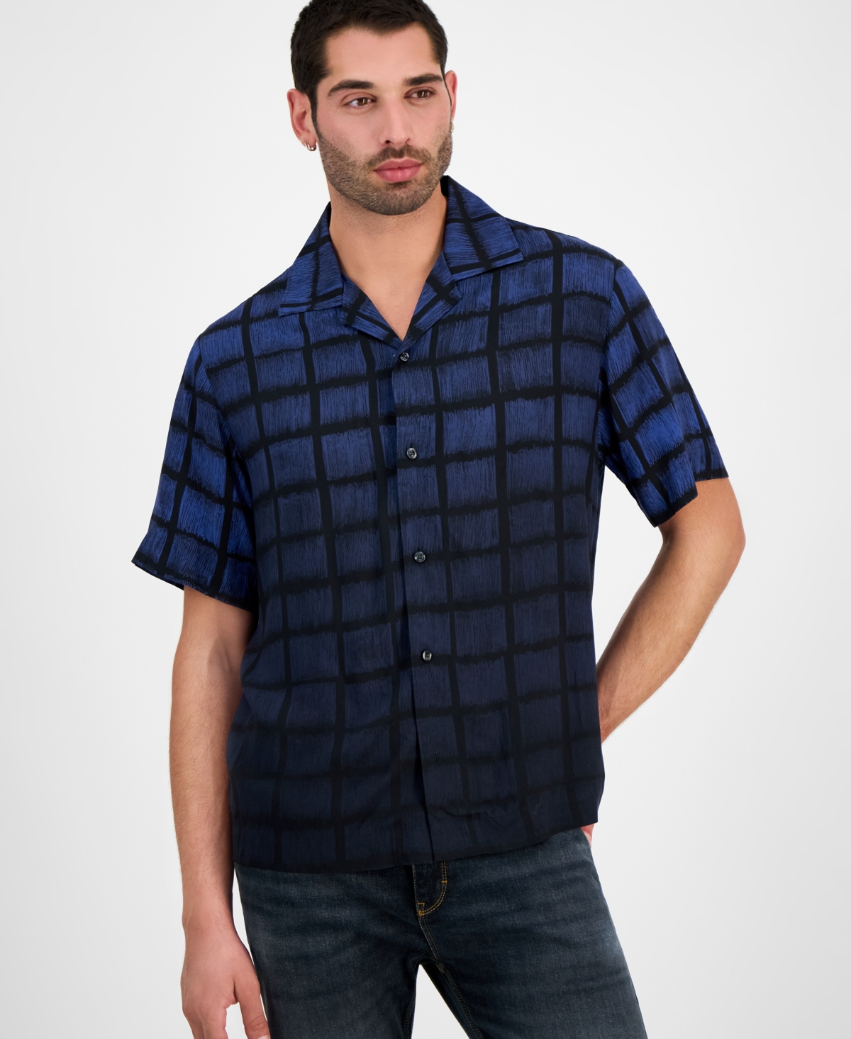 Hugo by Hugo Boss Men's Espiono Oversized Fit Short Sleeve Geo Print Button-Front Camp Shirt - Medium Blue