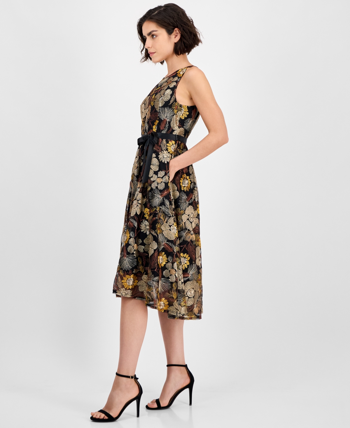 Tahari Asl Embroidered Tie Waist Sleeveless Midi Dress In Black
