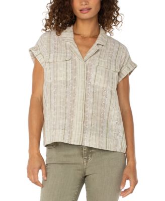 Liverpool Los Angeles - Petite Striped Dolman-Sleeve Camp Shirt