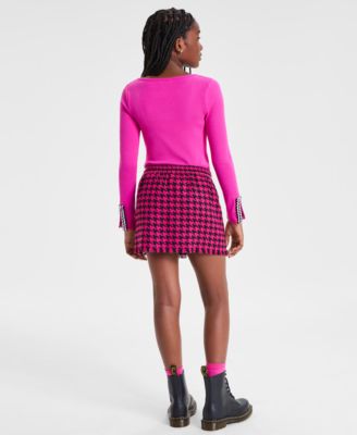 H By Habitual Big Girls Crochet Trim Ribbed Knit Top Pull On Houndstooth Skort In Pink