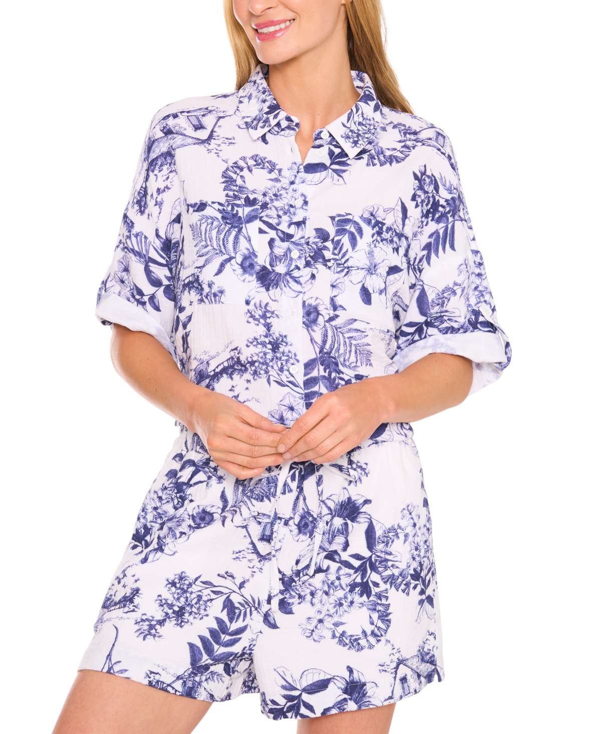 Women's Printed Cotton Collared Button-Front Shirt - Ultra White