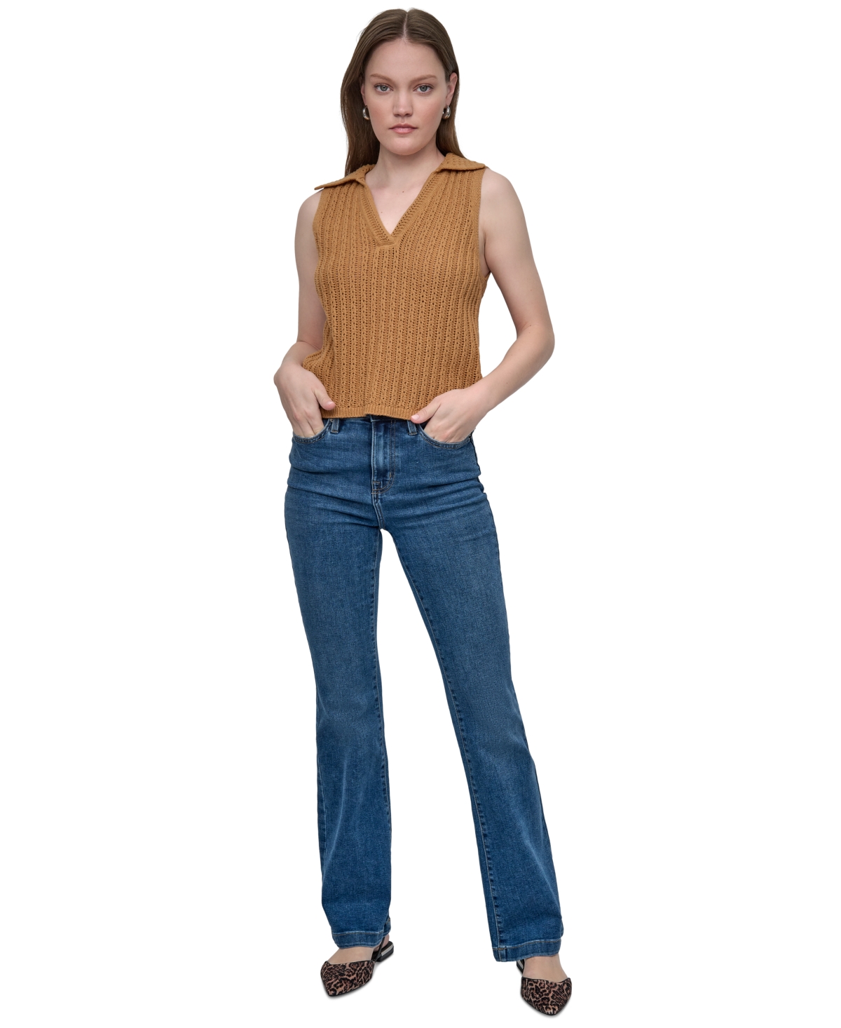 Dkny Jeans Women's Lacey Stitch Collared Sleeveless Sweater