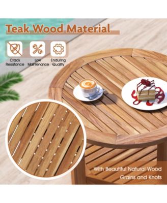 Outdoor Teak Wood Round Side Table Patio End Table with Slatted Storage Shelf
