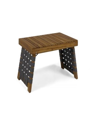 Outdoor Folding Side Table with Woven Accents, Wooden End Table for Living Room, 19 Inch Patio Side Table