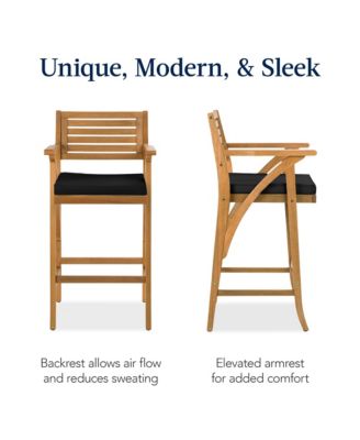 Set of 2 Outdoor Acacia Wood Bar Stools Bar Chairs w/ Weather-Resistant Cushions