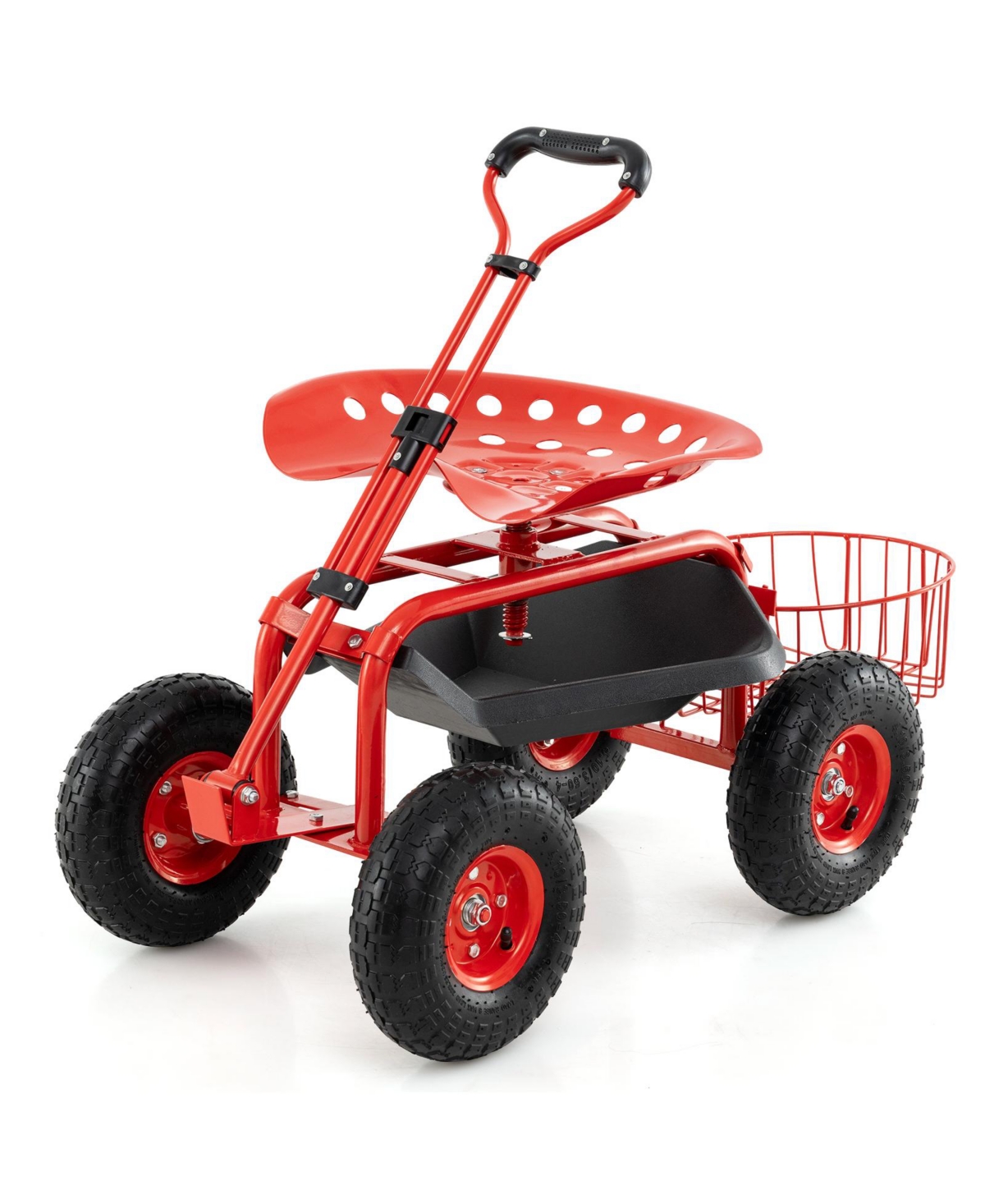 Heavy Duty Garden Cart with Tool Tray and 360 Swivel Seat - Red