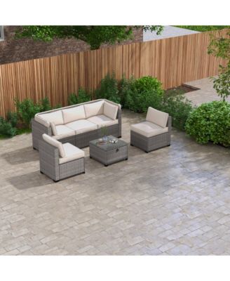 6 Pieces Patio Furniture Sets, Outdoor Rattan Daybed with Retractable Canopy, Outdoor Sectional Sofa Set with Adjustable Backrest, Chaise Chair Sunbed