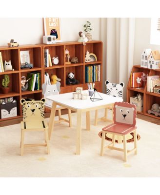 5 Piece Kiddy Table and Chair Set , Kids Wood Table with 4 Chairs Set Cartoon Animals