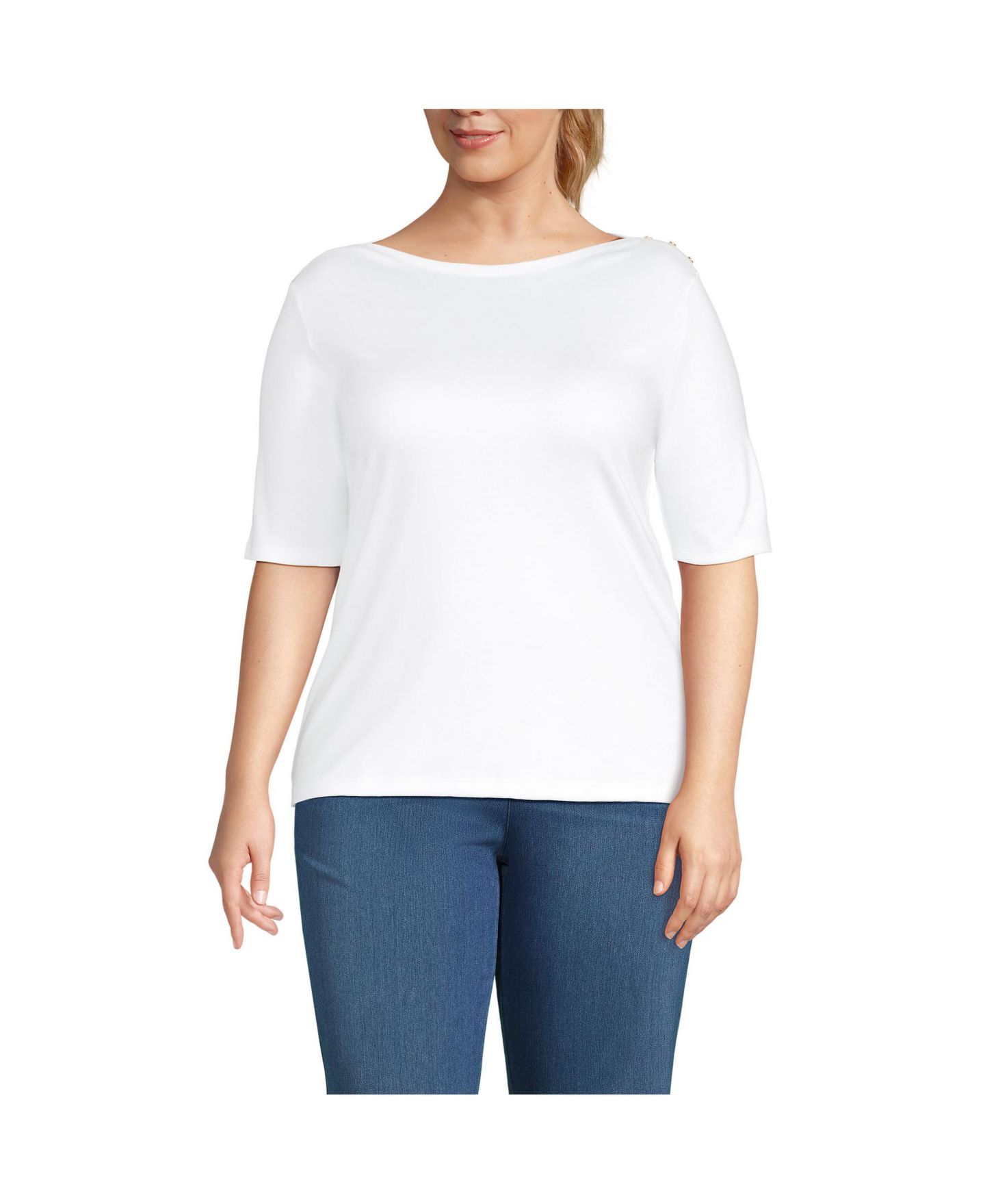 Женская футболка Lands' End Plus Size Supima Cotton Elbow Sleeve Boatneck Button Shoulder, цвет: Белый — фото 1