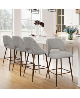  Set of 4  Textured Fabric, Walnut-Finished Metal  Curved Backrest, Padded Seat, Footrest Counter Height Stools