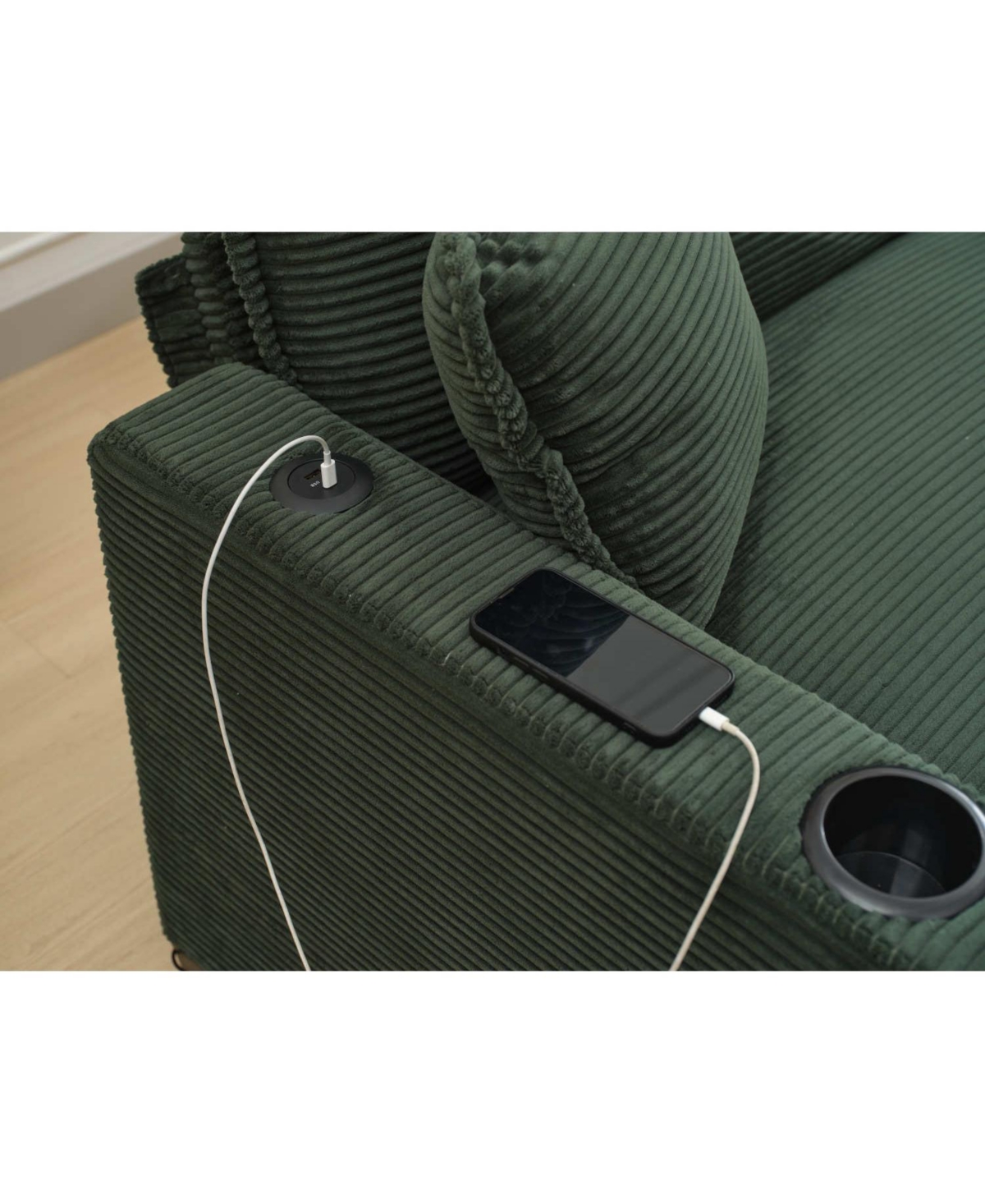 Streamdale Green Corduroy L-Shape Sofa with Usb & Footstool