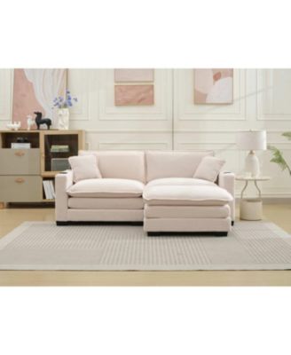Streamdale L Shape Corduroy Sofa w/ USB, Cup Holder & Ottoman - Beige