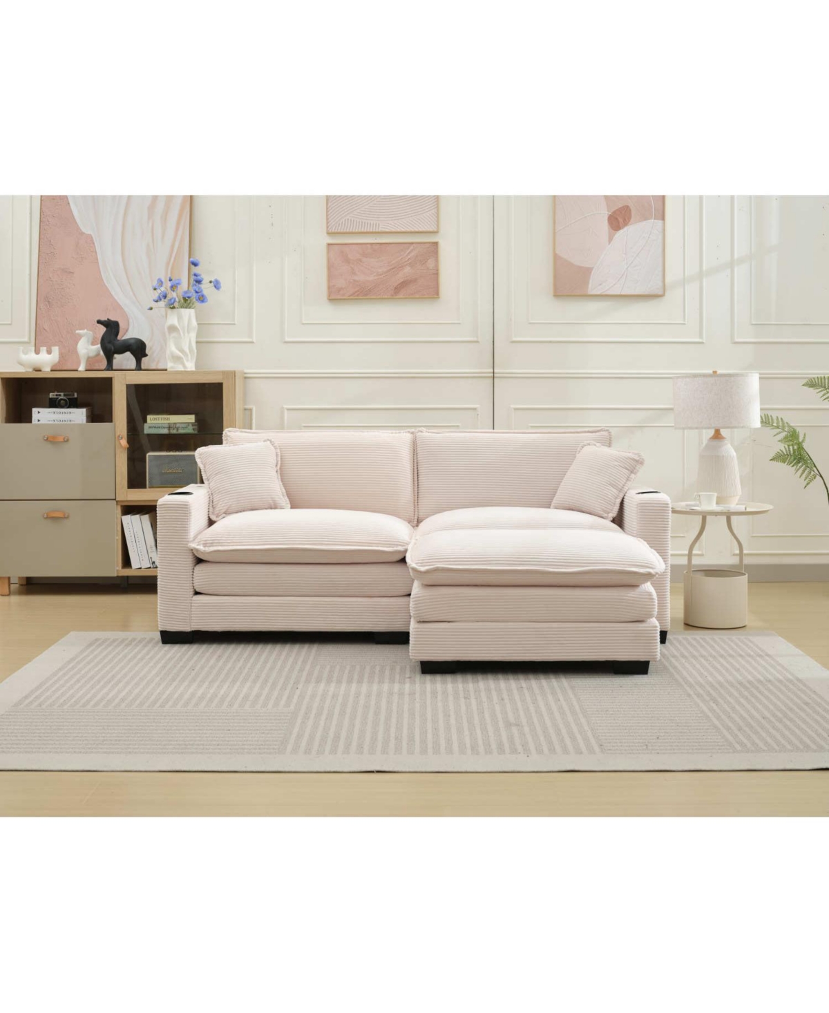 Streamdale L Shape Corduroy Sofa w/ Usb, Cup Holder & Ottoman - Beige