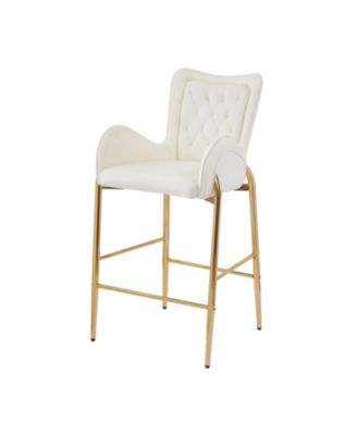 28.75inch Counter Height Bar Stools Set of 2, Bar Height Arm Chairs, Velvet Fabric Stools with Golden Legs and Footrests, White