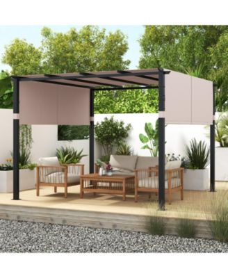10 x 10 ft Flat Top Pergola with Retractable Canopy for Garden Pool Porch and Backyard-Beige