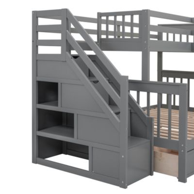 Twin/Twin/Full L-Shaped Bunk Bed w/ Desk, Wardrobe & Drawers
