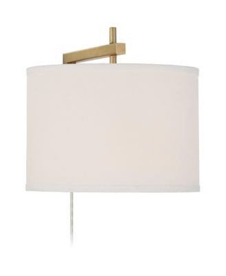 Adair Modern Wall Lamps Set of 2 Warm Brass Metal Plug-in 12" Light Fixture Linen Drum Shade for Bedroom Reading Living Room Hallway Home