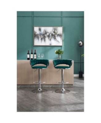 Green Velvet Bar Stools, Chrome Base, Adjustable Height (Set of 2)