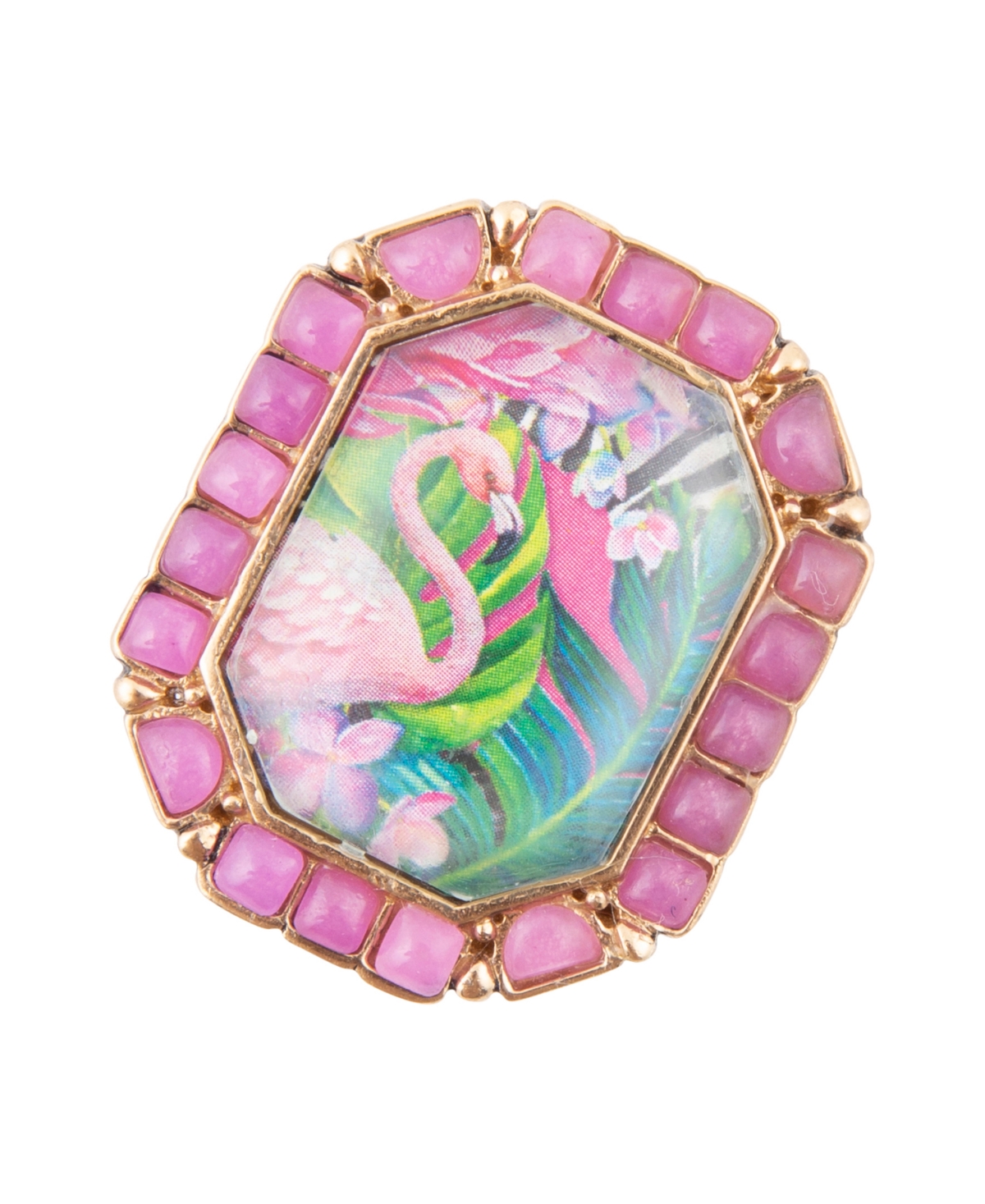Scenic Pink Flamingo Agate Golden Statement Ring - Genuine Agate
