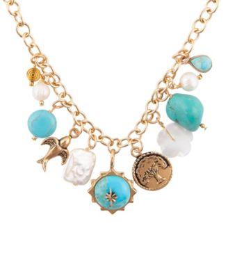 Blue Turquoise and White Cultivated Pearl Multi Charm Necklace