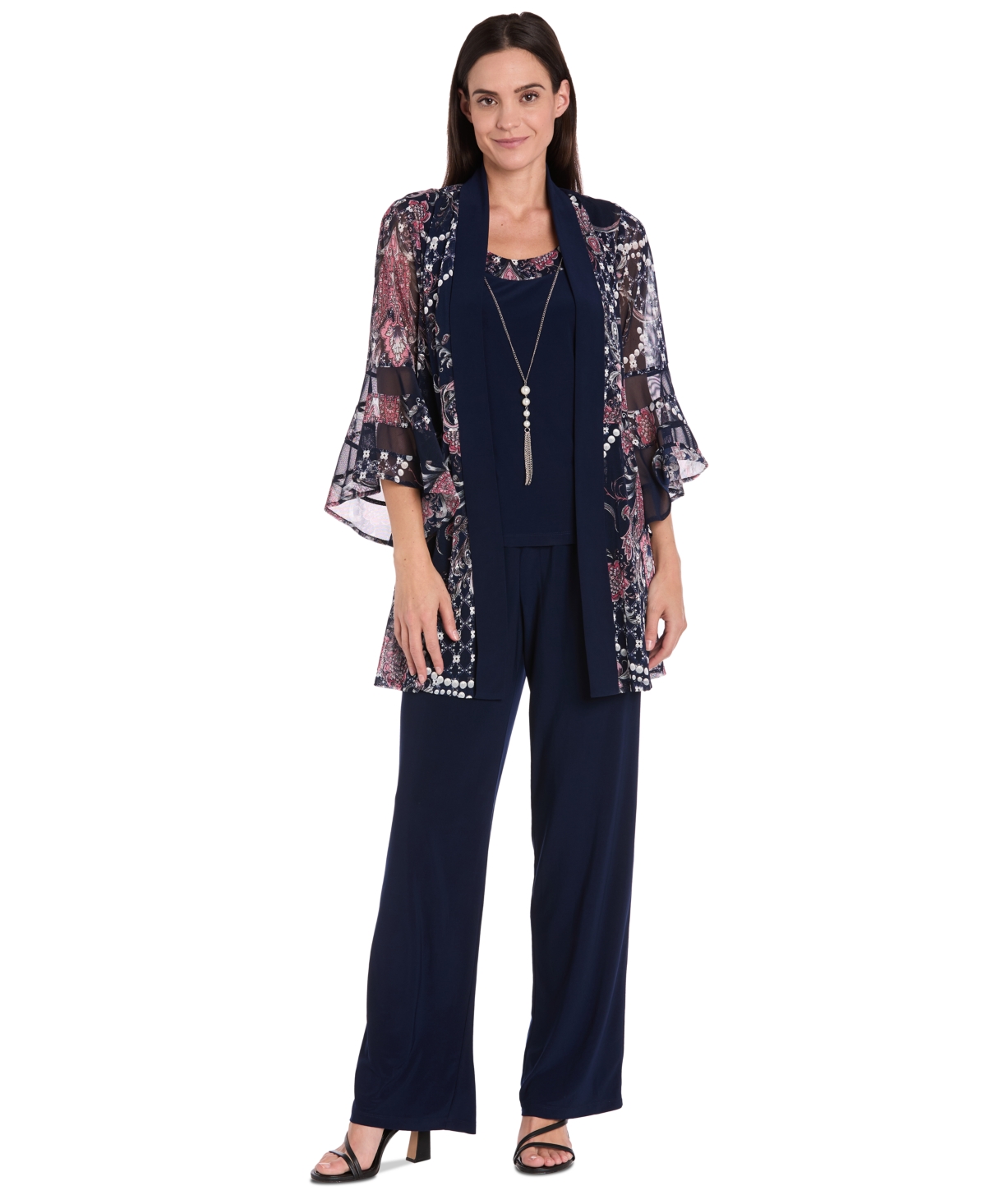 Women's Pantsuit, Shell & Necklace Set - Navy/pink