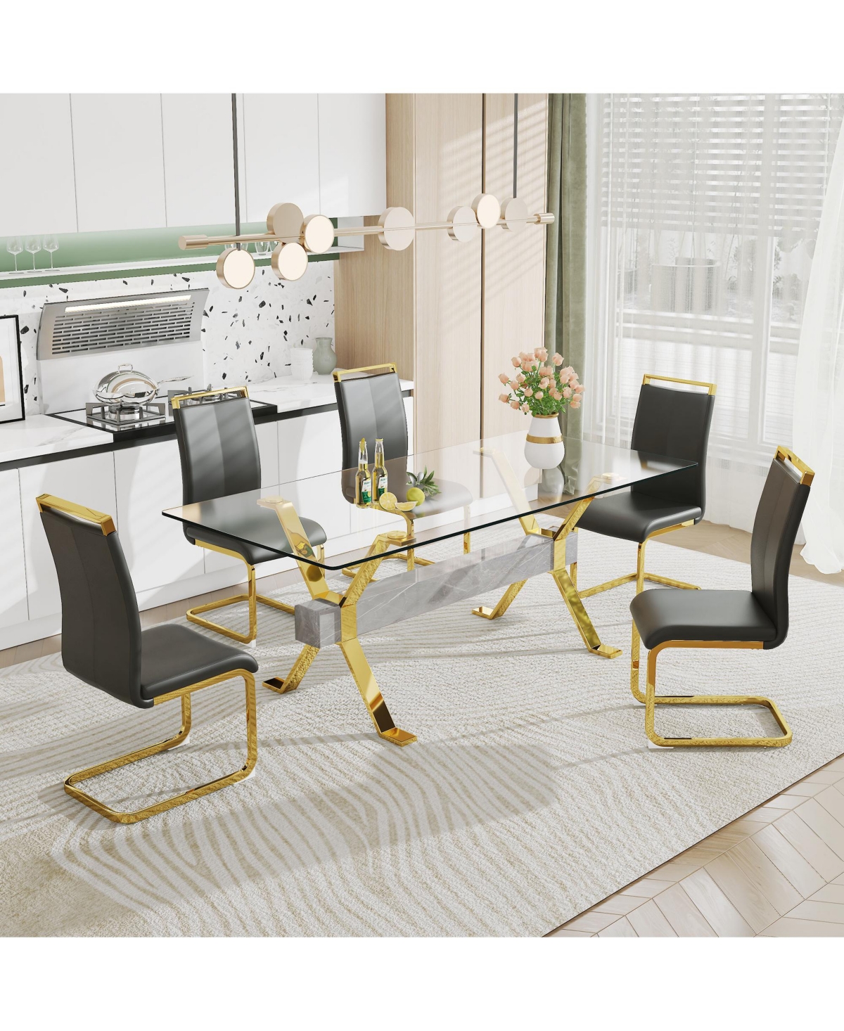 Streamdale Modern Glass Dining Table Gold Legs 79"