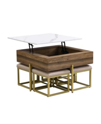 Modern Square Lift-Top Coffee Table Set with Storage & 4 Ottomans
