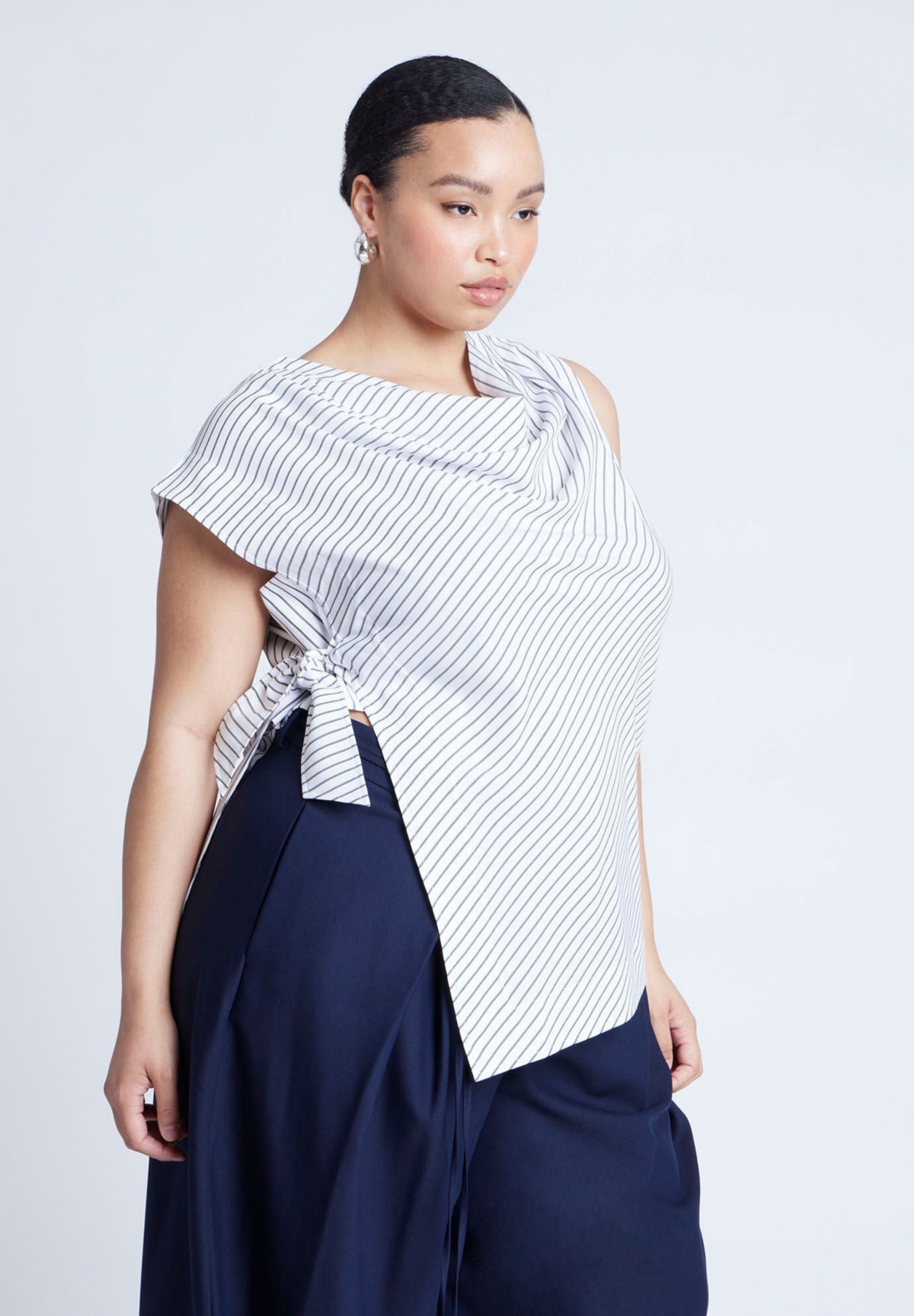 Plus Size Asym Tie Top - White on blue