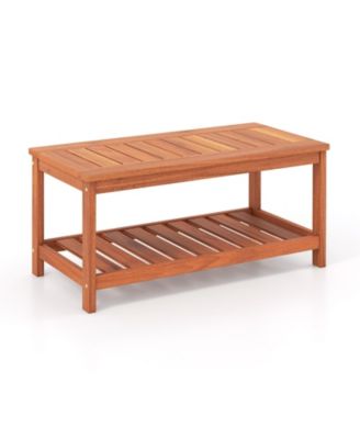 2-Tier Patio Coffee Table with Slatted Tabletop and Shelf