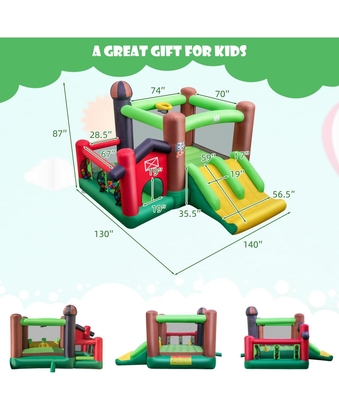 Детские игрушки GOUUN 6-in-1 Inflatable Bounce House with Double Slides, 140" x 130" x 87", Ages 3-10, цвет: Зелёный — фото 4