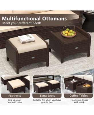 2 Pieces Outdoor Patio PE Wicker Ottomans with Removable Cushions