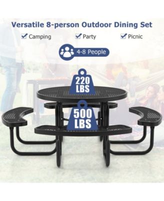 45 Inches Outdoor Round Picnic Table and Bench Set for 8 with Umbrella Hole-Black