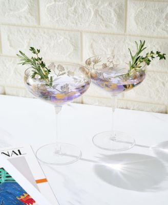 Vintage Floral-Etched Champagne Coupe Glasses, Set of 2