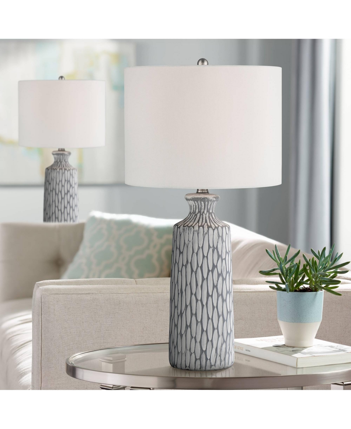 Patrick Modern Coastal Table Lamps 26 1/4" Tall Set of 2 White-Washed Gray Geometric Ceramic White Drum Shade for Bedroom Living Family Room Beds