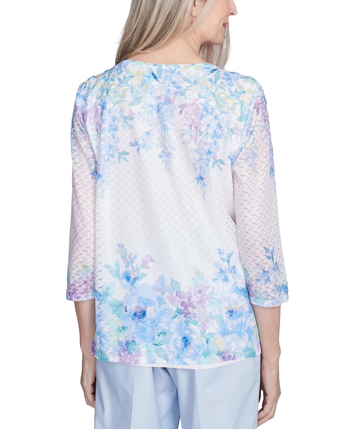 Alfred Dunner Plus Size St. Thomas Textured Sky Blue Floral Border Top In Multi