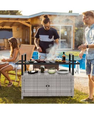 Outdoor Bar Cart Wicker Buffet Serving Cart with Cabinet and 8 Hooks-Gray