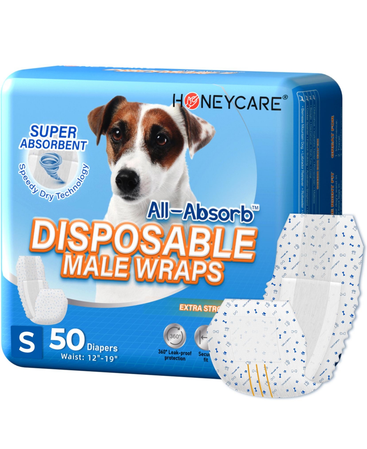 Paw & Dog Bone Print All-Absorb A26 Male Dog Wrap, Small, 100ct - White