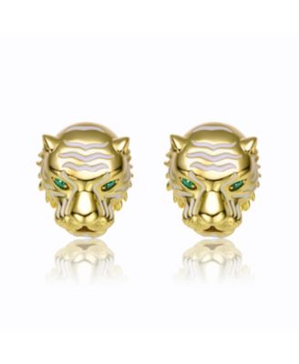 14k Yellow Gold Plated with Green Cubic Zirconia White Enamel Roaring Tiger Head 3D Stud Earrings