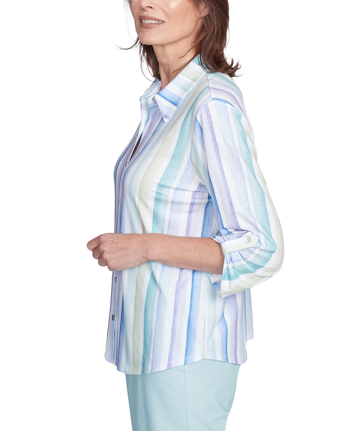 Alfred Dunner Petite St. Thomas Island Stripe Roll-tab Shirt