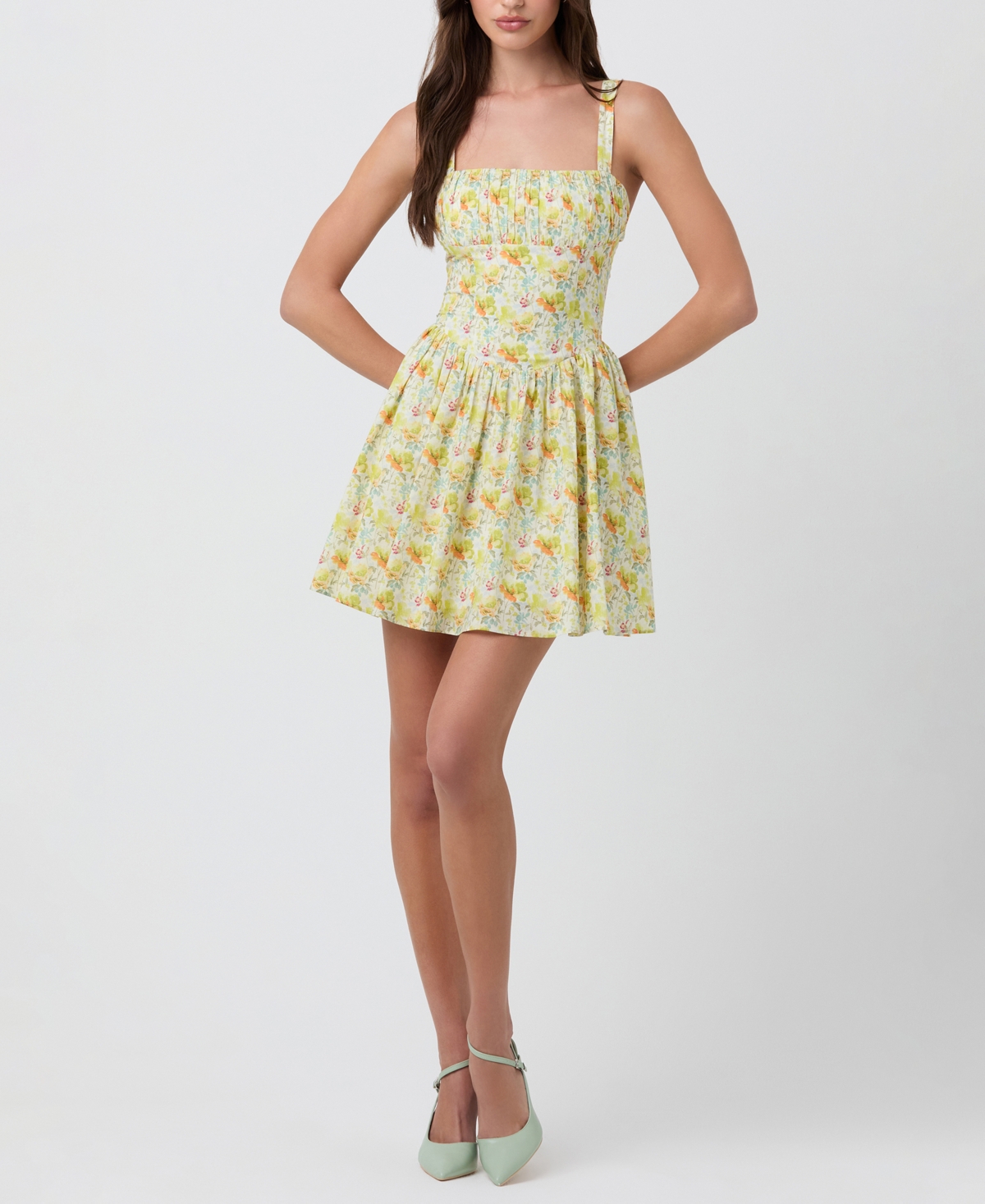 Women's Ruched Cotton Mini Dress - Yellow Floral