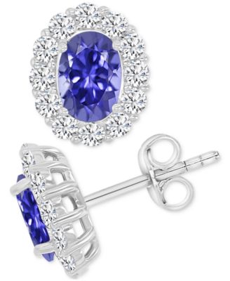 Cubic Zirconia Green Stone Oval Halo Stud Earrings in Sterling Silver