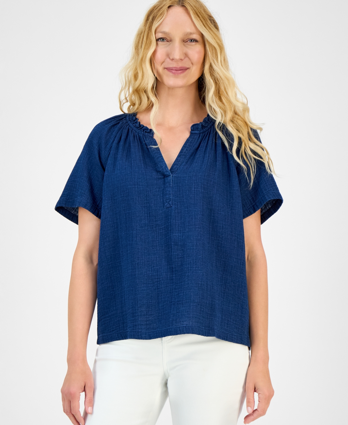 Women's Cotton Indigo Flutter Sleeve Top, Exclusively at Macy's - True Indigo