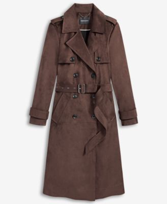 Petite Double-Breasted Faux-Suede Belted Trench Coat